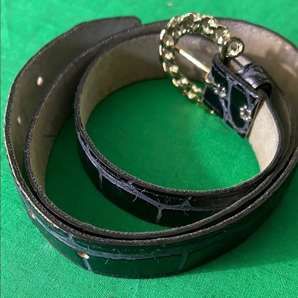 Black Leather Belt with Gold Chain Buckle